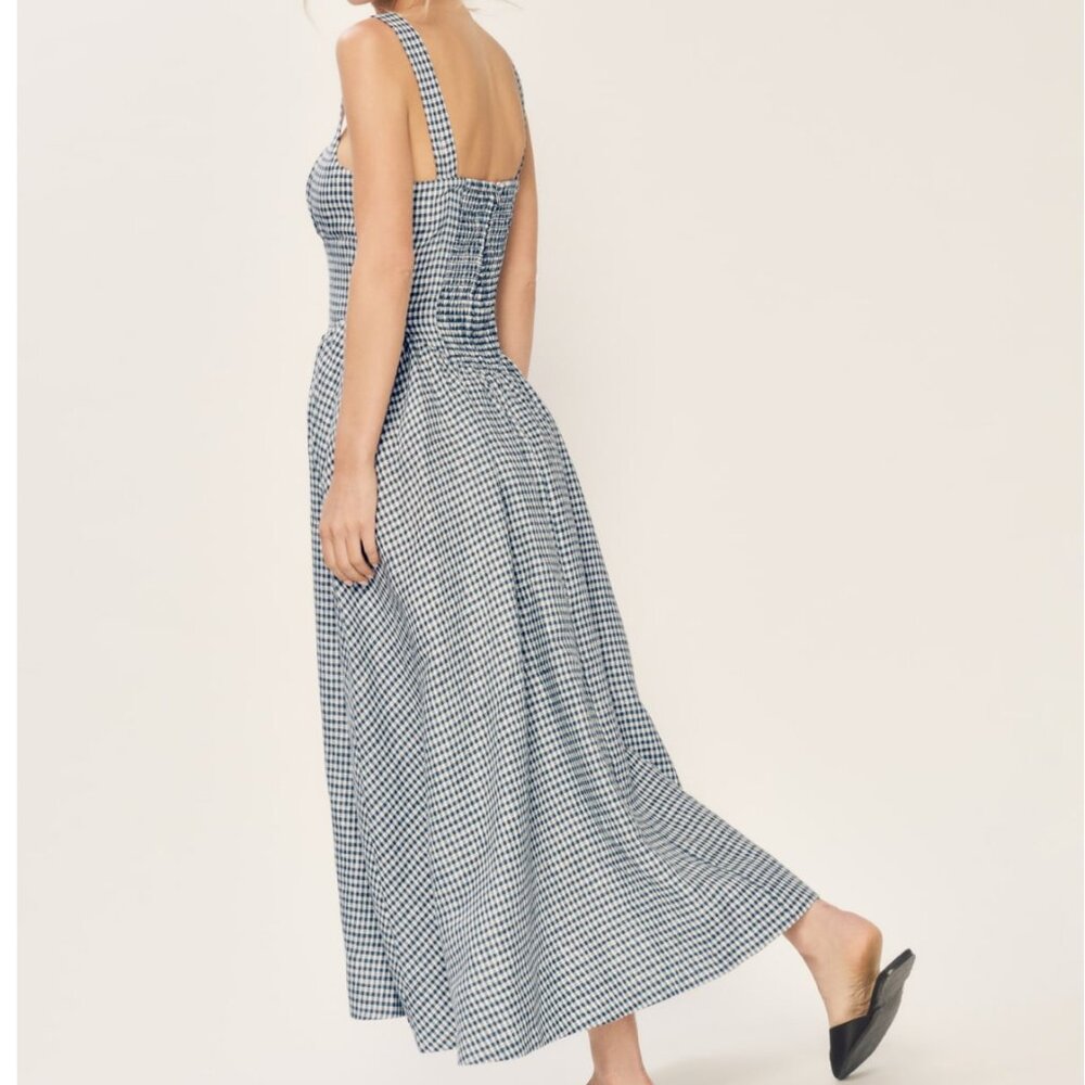 BEST Reformation Balia Linen Midi Dress Sz0 Slate Check Linen Vacation Party - Picture 12 of 13